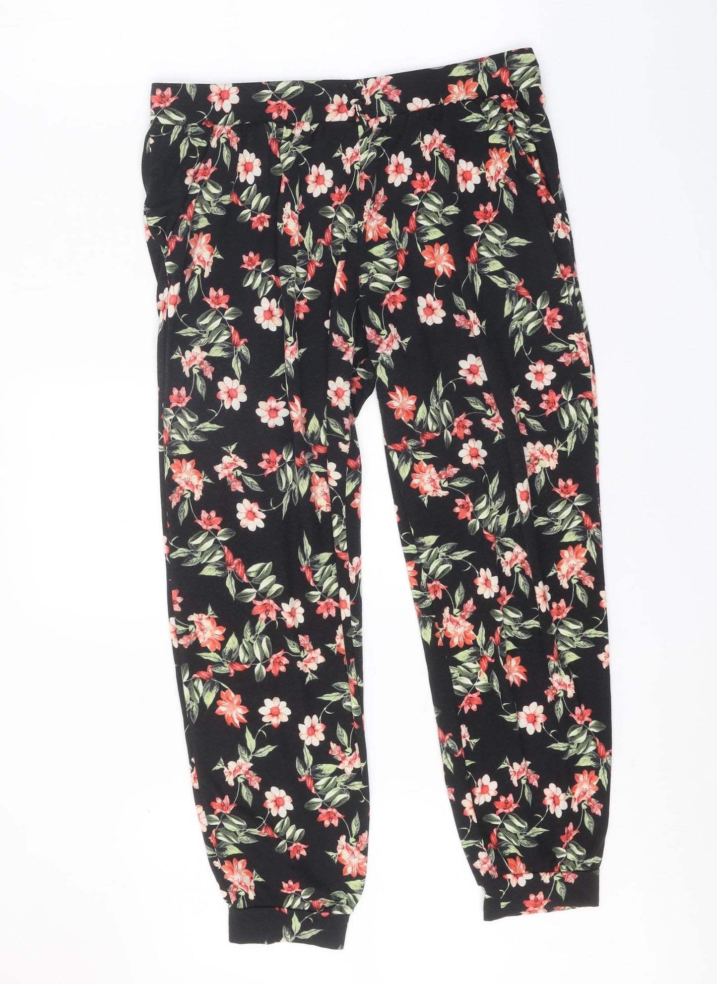 Primark Womens Black Floral Polyester Trousers Size 14 Regular