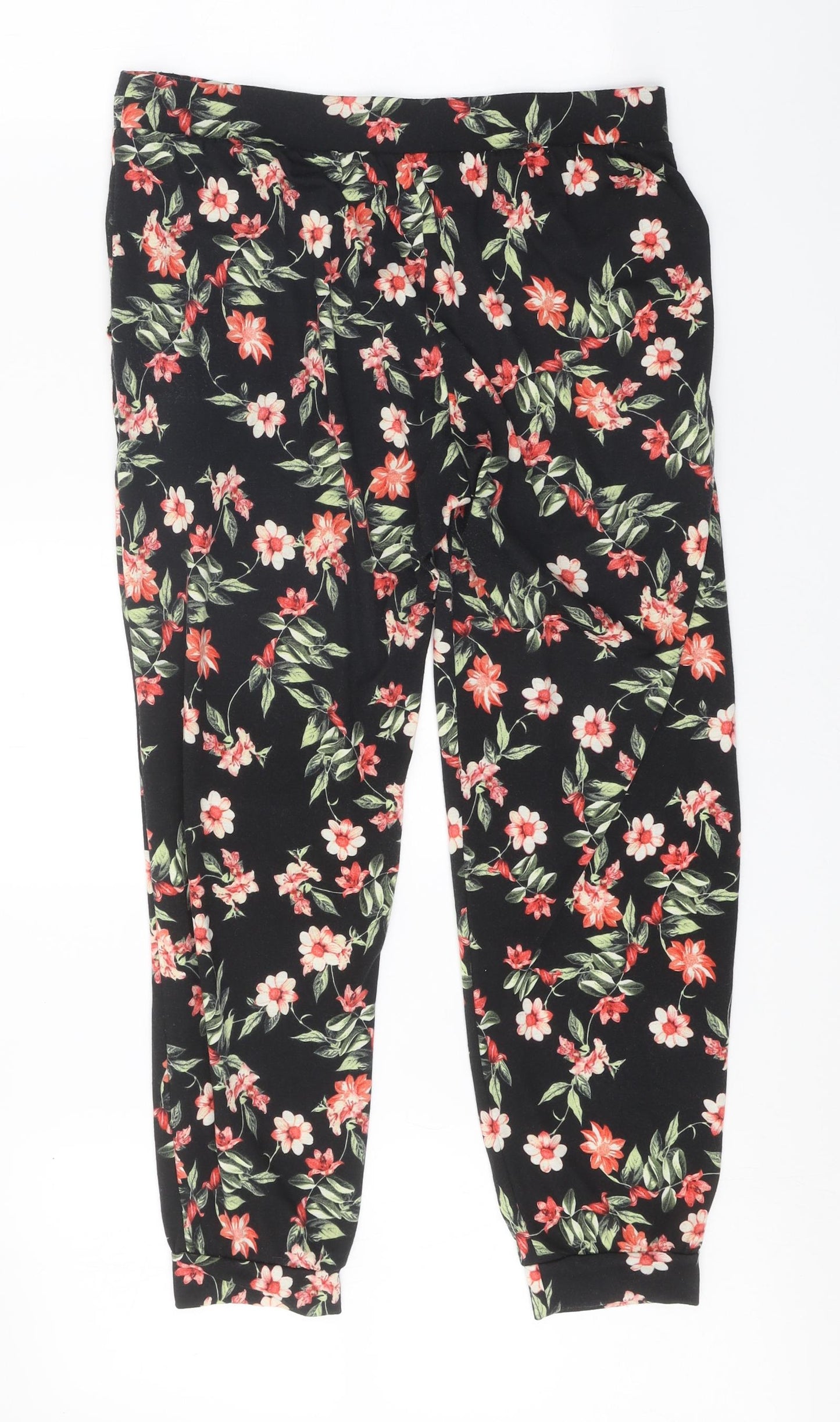 Primark Womens Black Floral Polyester Trousers Size 14 Regular