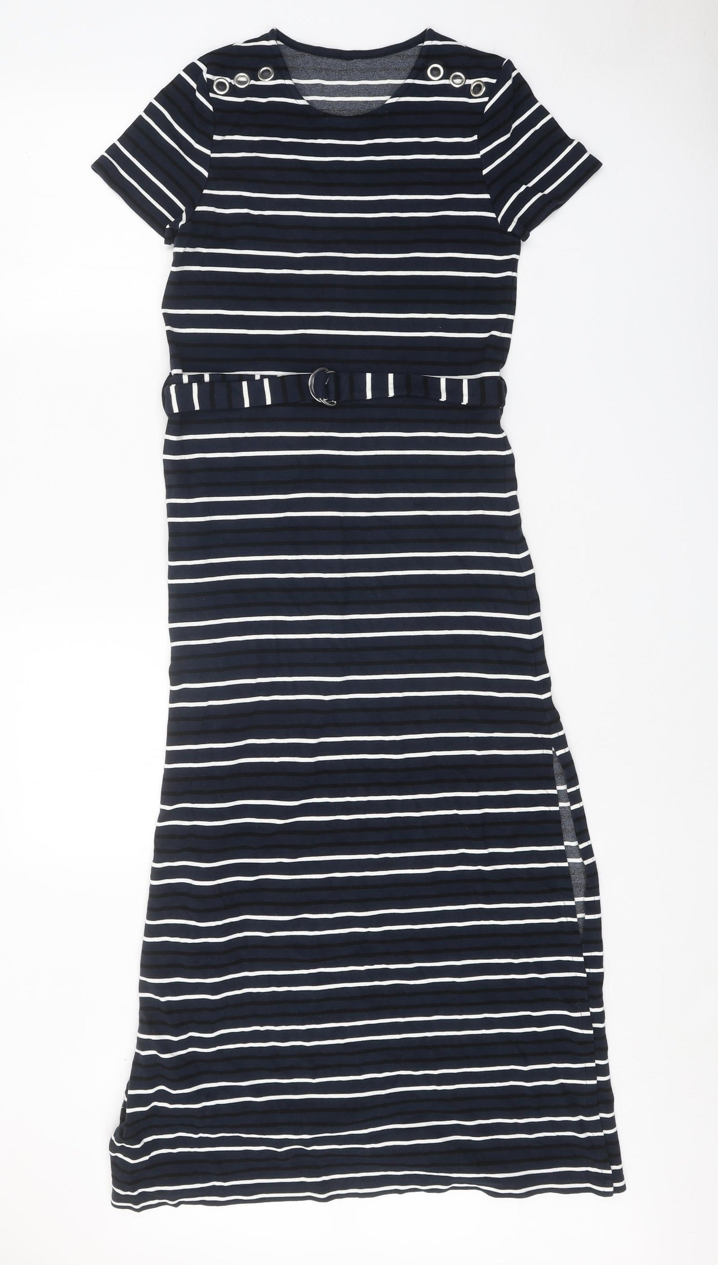 Preworn Womens Black Striped Polyester Maxi One Size Round Neck Buckle