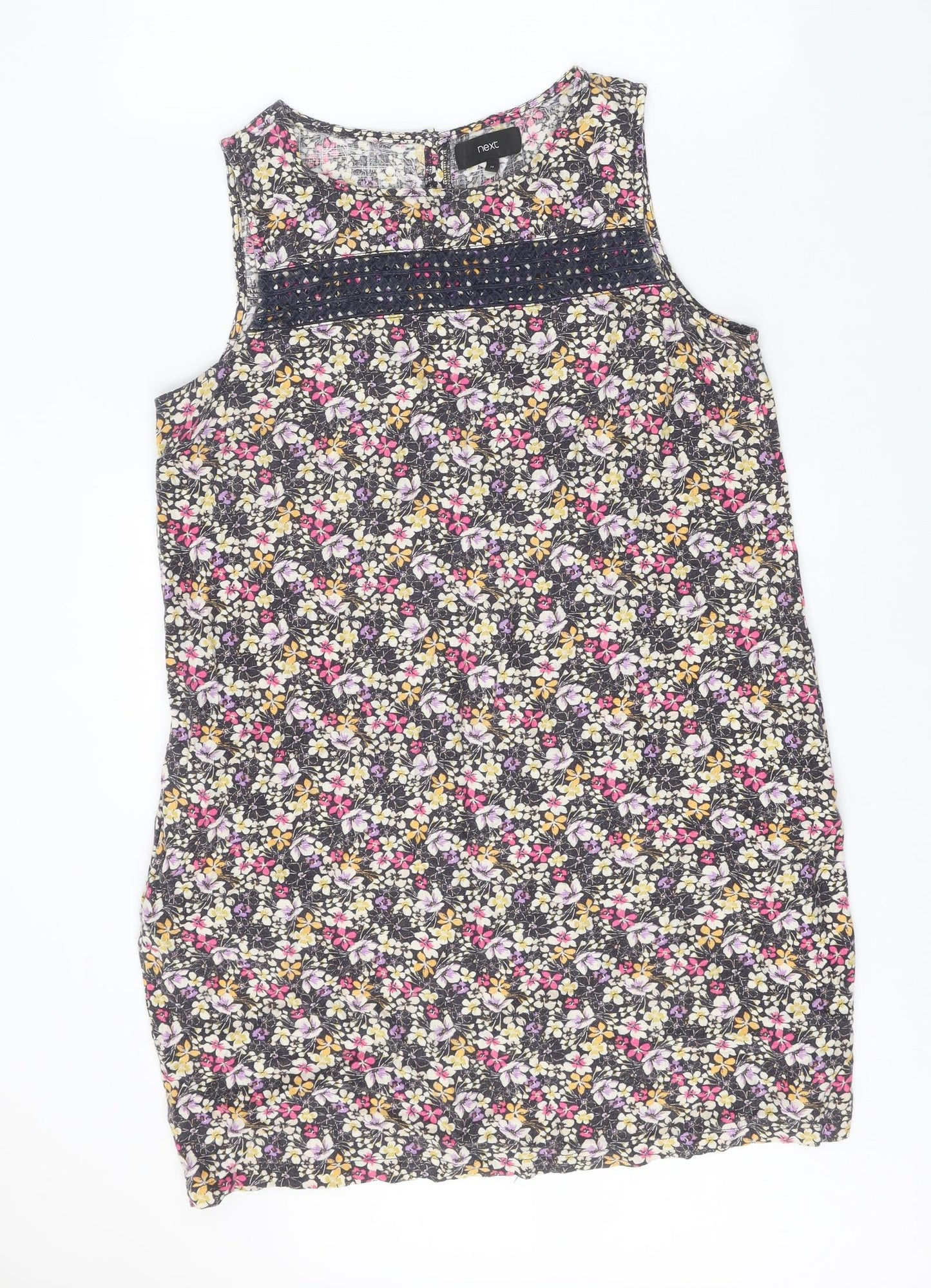 NEXT Womens Black Floral Linen A-Line Size 14 Round Neck Button