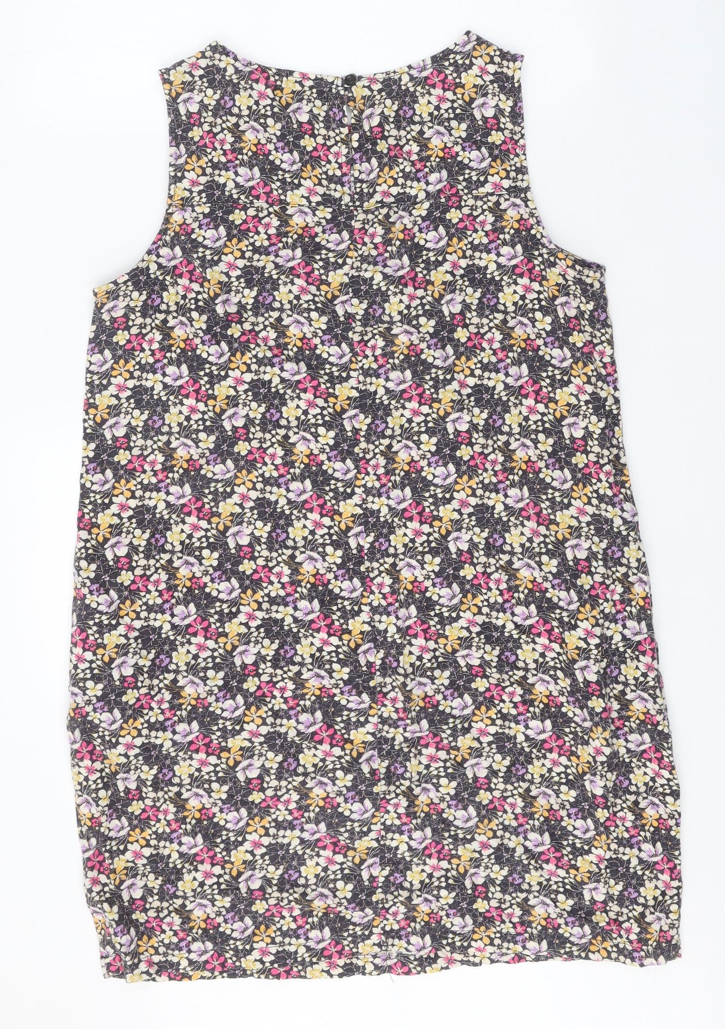 NEXT Womens Black Floral Linen A-Line Size 14 Round Neck Button
