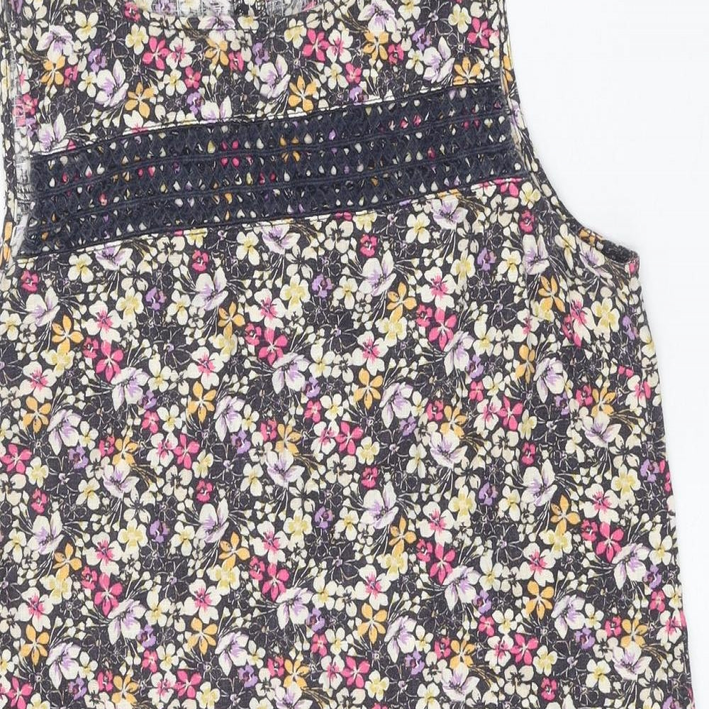 NEXT Womens Black Floral Linen A-Line Size 14 Round Neck Button