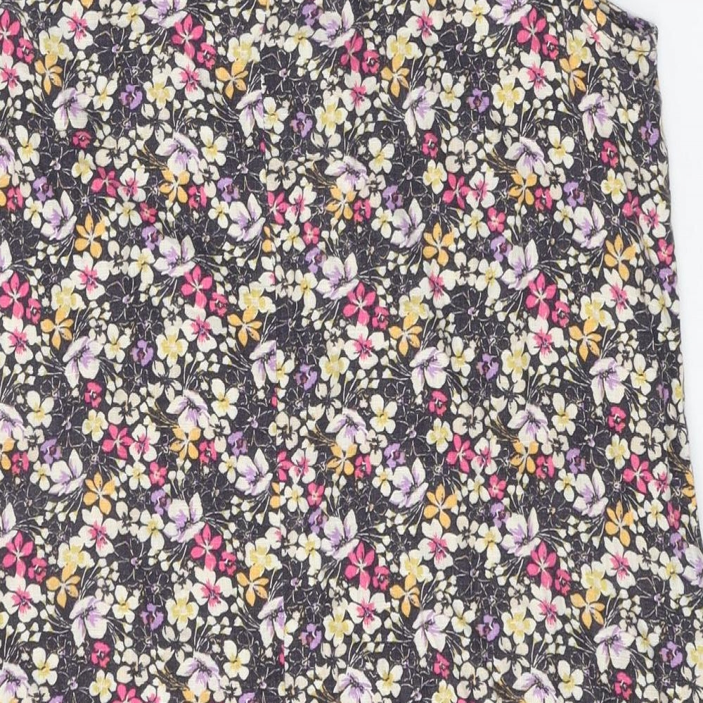 NEXT Womens Black Floral Linen A-Line Size 14 Round Neck Button