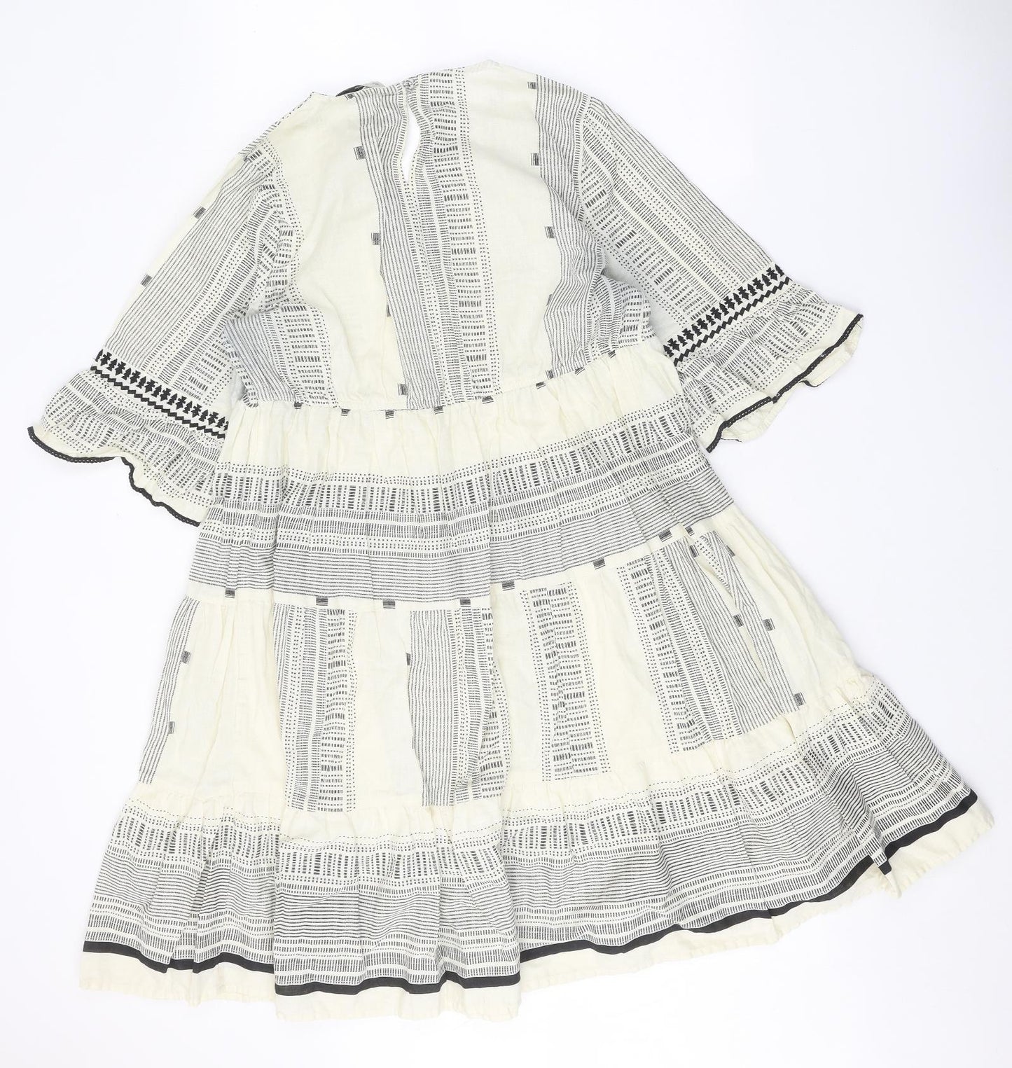 F&F Womens White Geometric Cotton Fit & Flare Size 14 V-Neck Button