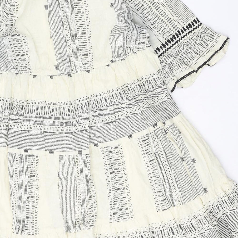 F&F Womens White Geometric Cotton Fit & Flare Size 14 V-Neck Button