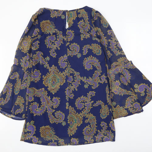 Atmosphere Womens Blue Geometric Polyester A-Line Size 14 Round Neck Button