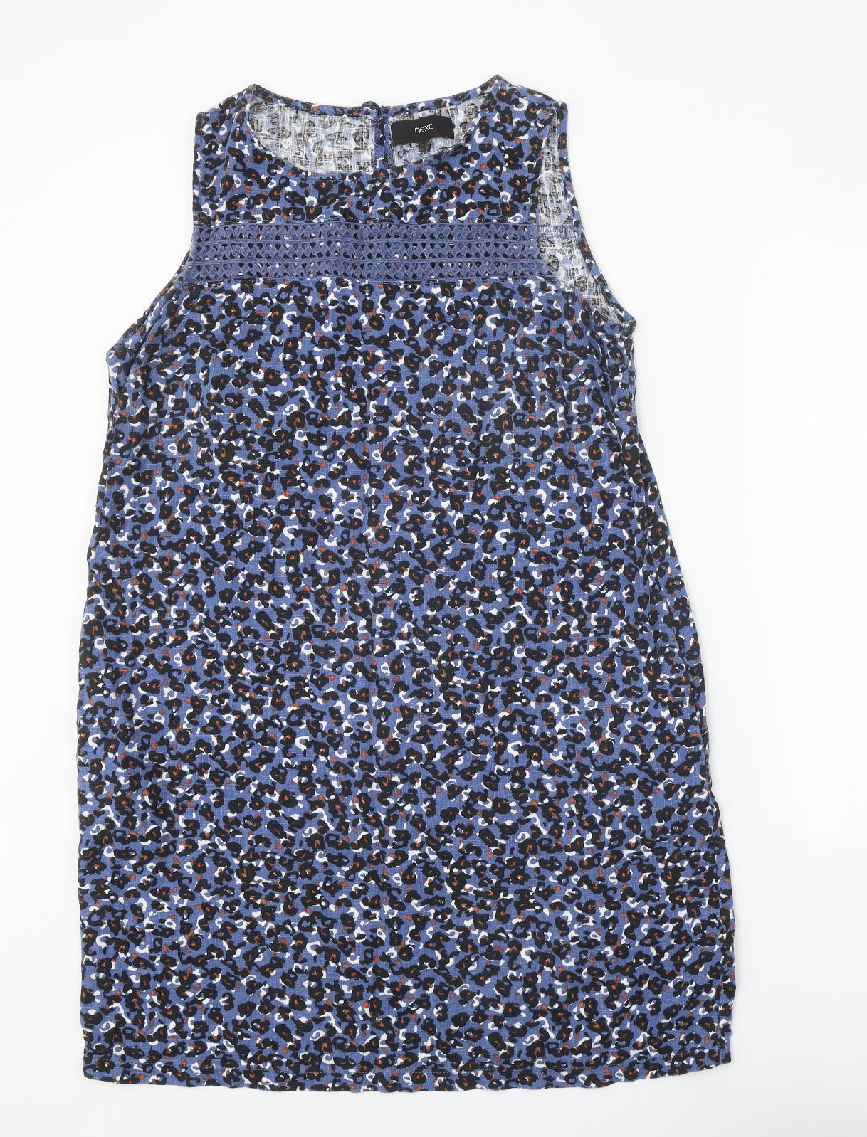 NEXT Womens Blue Floral Linen A-Line Size 14 Round Neck Button