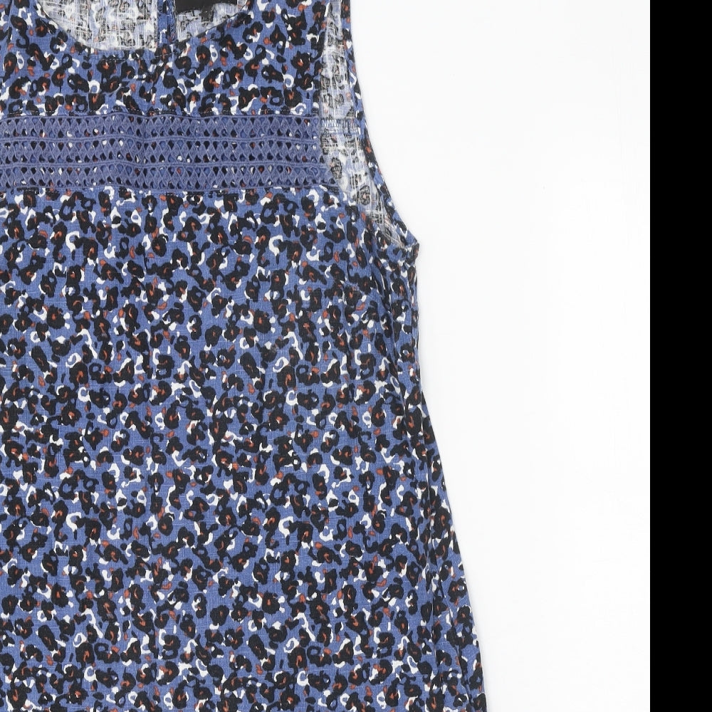 NEXT Womens Blue Floral Linen A-Line Size 14 Round Neck Button