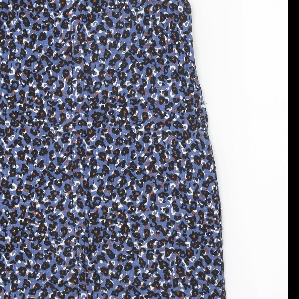 NEXT Womens Blue Floral Linen A-Line Size 14 Round Neck Button