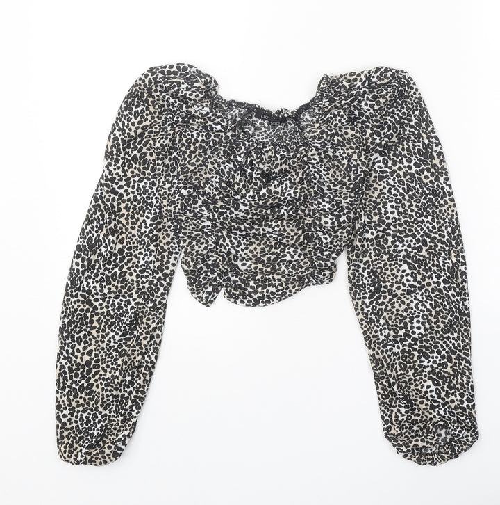 Boohoo Womens Black Animal Print Polyester Cropped Blouse Size 6 Round Neck - Leopard Pattern