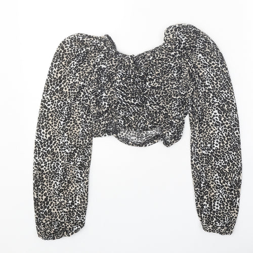 Boohoo Womens Black Animal Print Polyester Cropped Blouse Size 6 Round Neck - Leopard Pattern