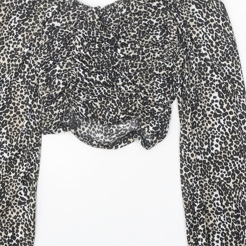 Boohoo Womens Black Animal Print Polyester Cropped Blouse Size 6 Round Neck - Leopard Pattern