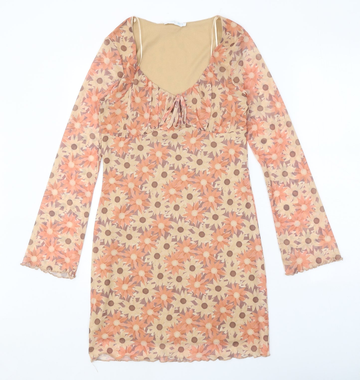 Primark Womens Orange Floral Polyester Bodycon Size 8 V-Neck Tie