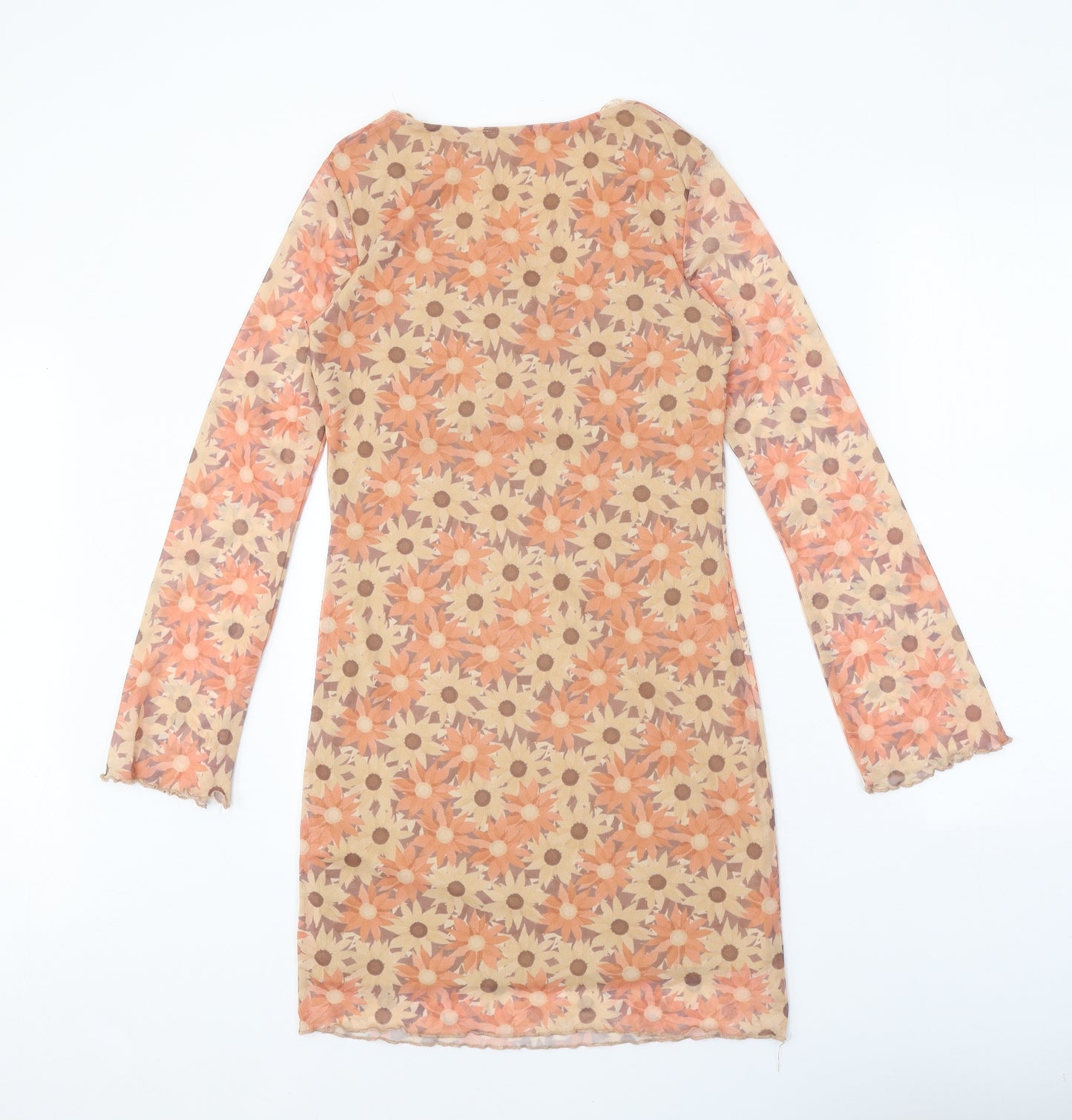 Primark Womens Orange Floral Polyester Bodycon Size 8 V-Neck Tie