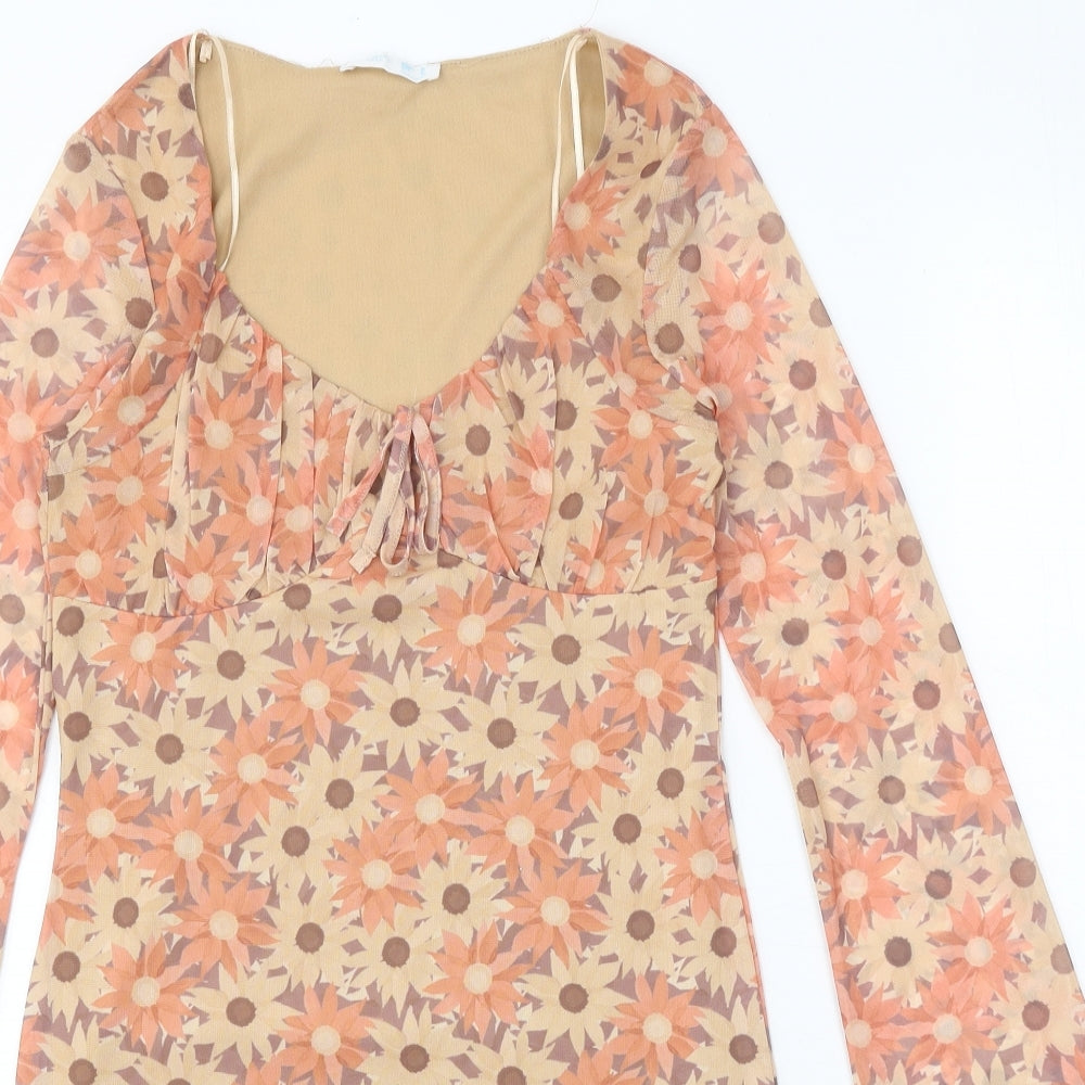 Primark Womens Orange Floral Polyester Bodycon Size 8 V-Neck Tie