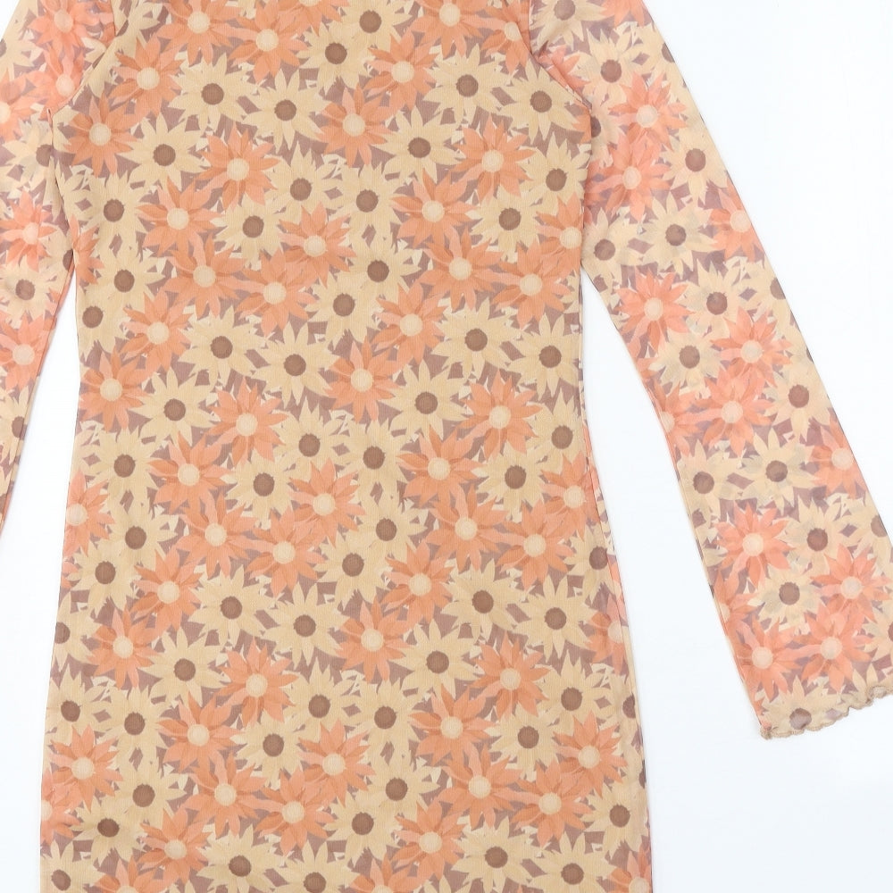 Primark Womens Orange Floral Polyester Bodycon Size 8 V-Neck Tie