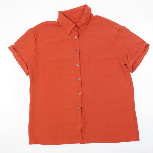 Preworn Womens Orange Polyester Basic Button-Up Size XL Collared