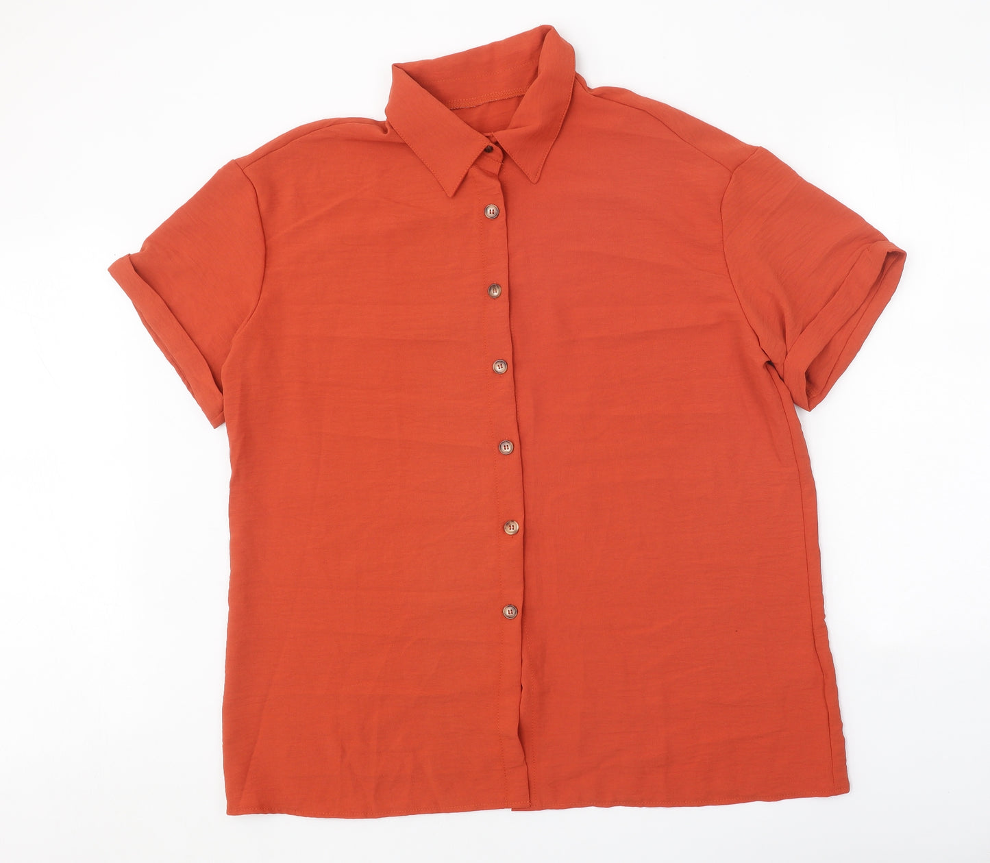 Preworn Womens Orange Polyester Basic Button-Up Size XL Collared