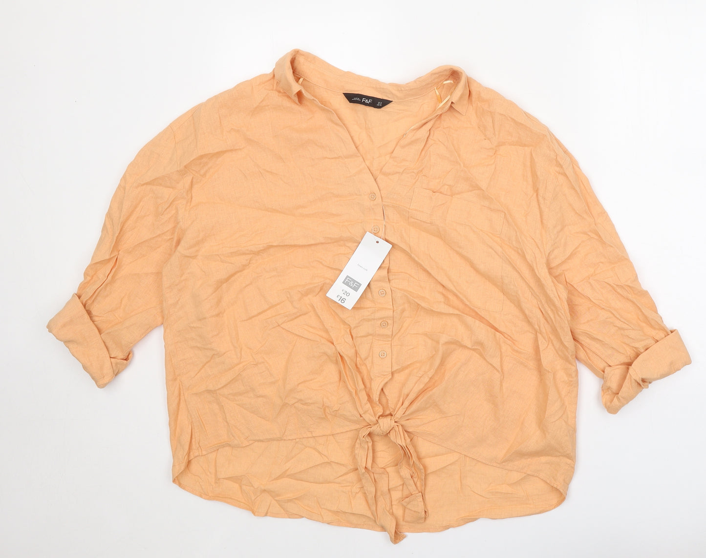 F&F Womens Orange Linen Basic Button-Up Size 16 Collared - Knot Front