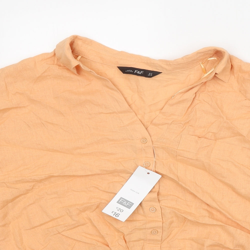 F&F Womens Orange Linen Basic Button-Up Size 16 Collared - Knot Front