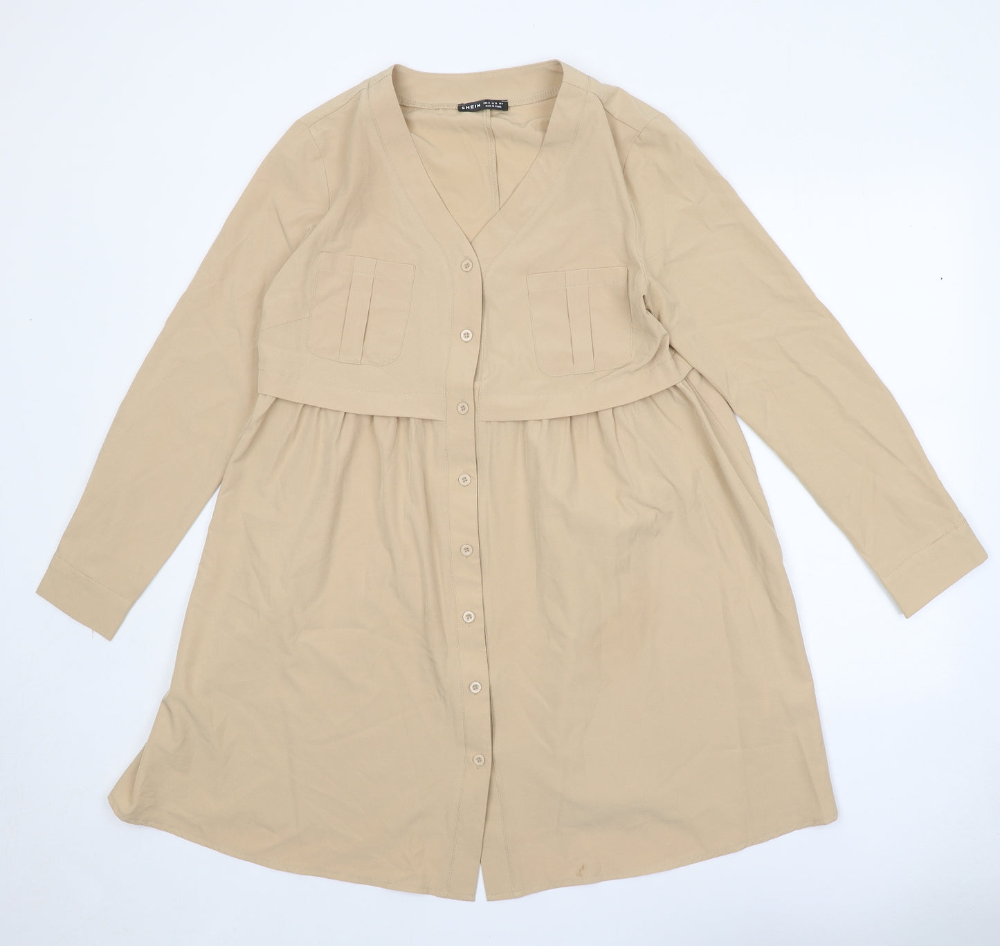 SheIn Womens Beige Polyester Shirt Dress Size M V-Neck Button