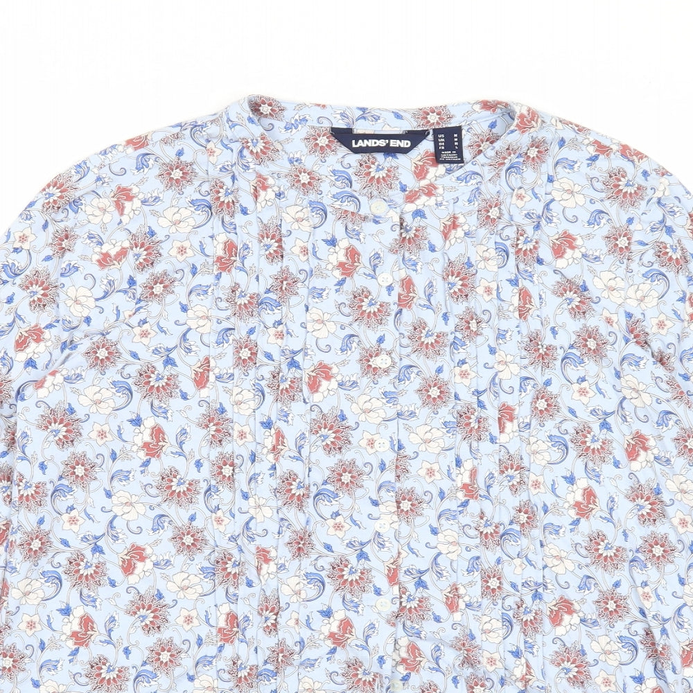 Lands' End Womens Blue Floral Cotton Basic Button-Up Size M Round Neck