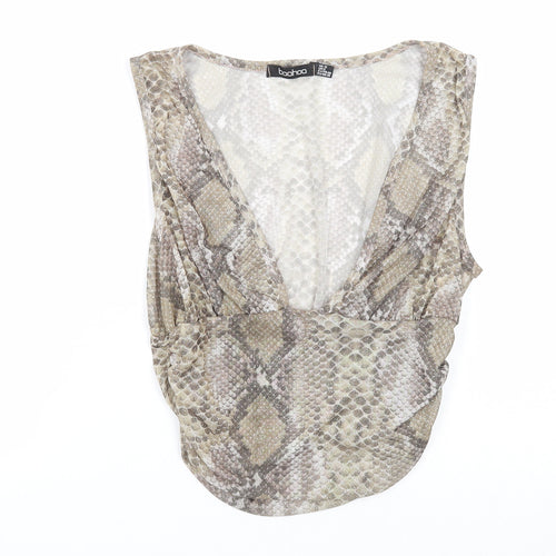 Boohoo Womens Green Animal Print Viscose Cropped Blouse Size 12 V-Neck - Snake print