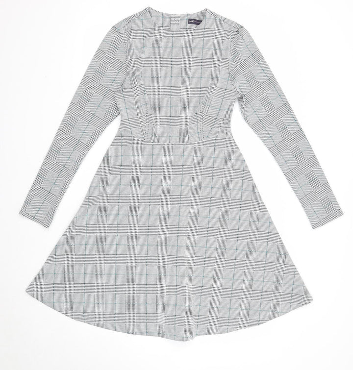 Marks and Spencer Womens White Plaid Polyester Fit & Flare Size 8 Round Neck Zip