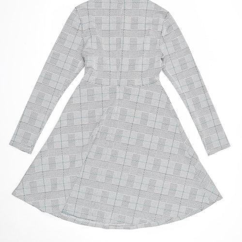 Marks and Spencer Womens White Plaid Polyester Fit & Flare Size 8 Round Neck Zip