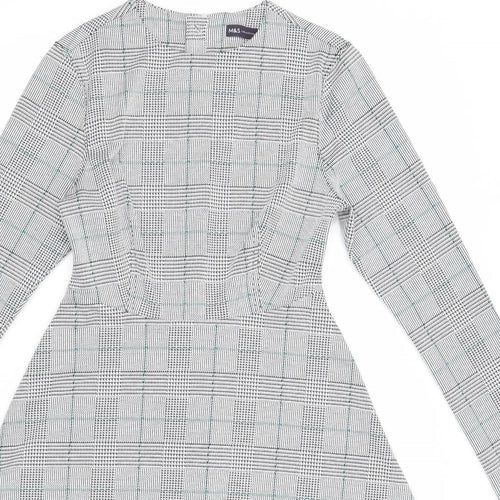 Marks and Spencer Womens White Plaid Polyester Fit & Flare Size 8 Round Neck Zip