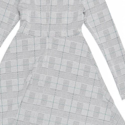 Marks and Spencer Womens White Plaid Polyester Fit & Flare Size 8 Round Neck Zip