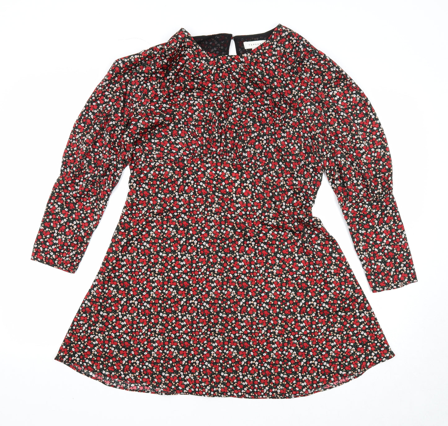 Topshop Womens Multicoloured Floral Polyester Fit & Flare Size 12 Round Neck Button