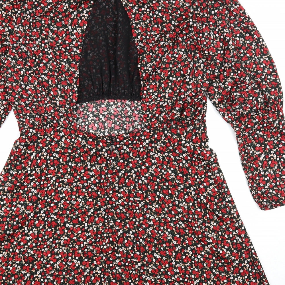 Topshop Womens Multicoloured Floral Polyester Fit & Flare Size 12 Round Neck Button