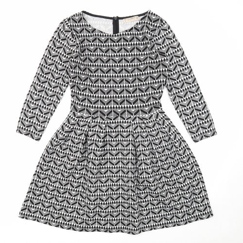 Pull&Bear Womens Black Geometric Polyester Fit & Flare Size L Round Neck Zip
