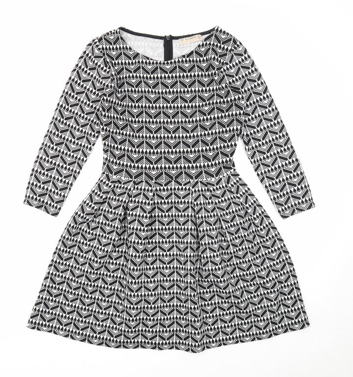 Pull&Bear Womens Black Geometric Polyester Fit & Flare Size L Round Neck Zip