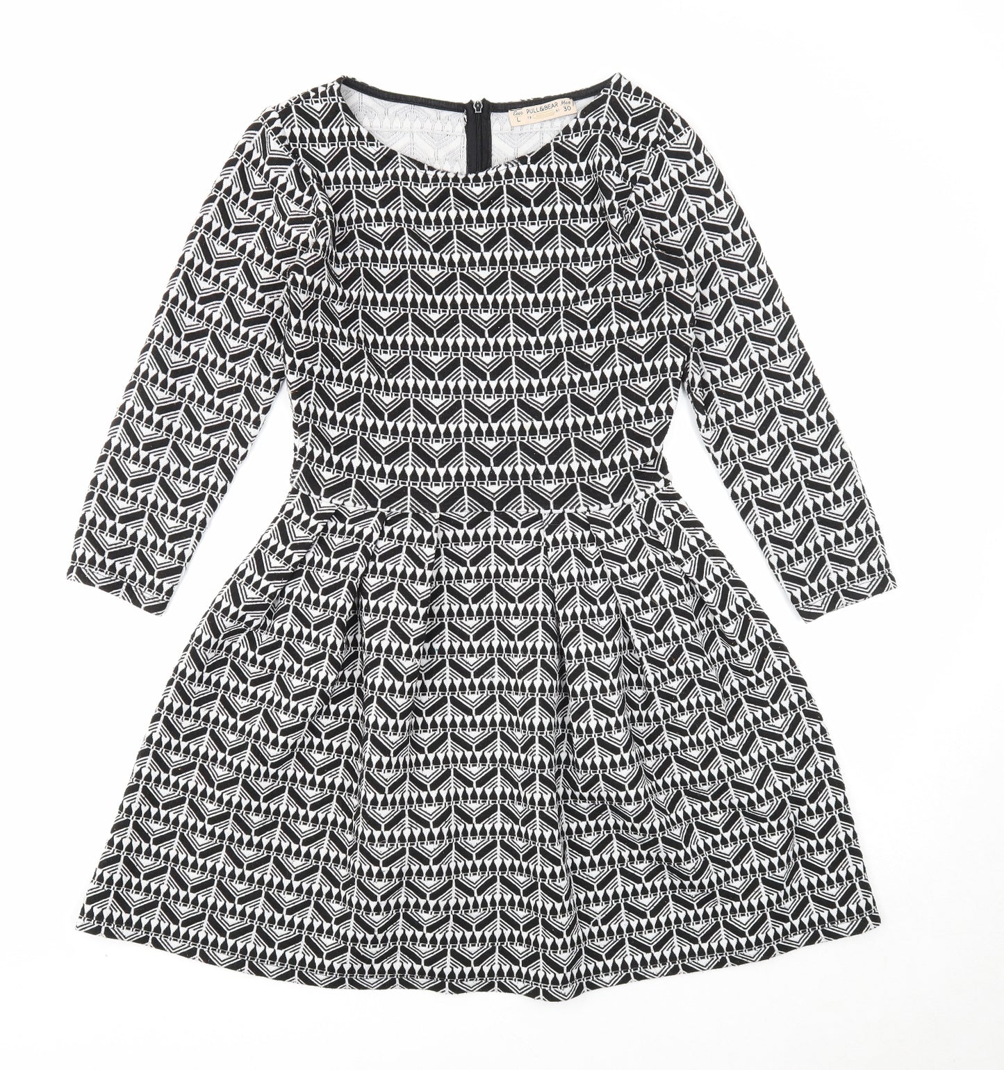 Pull&Bear Womens Black Geometric Polyester Fit & Flare Size L Round Neck Zip
