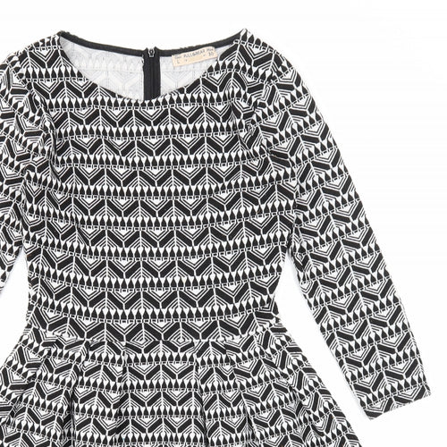 Pull&Bear Womens Black Geometric Polyester Fit & Flare Size L Round Neck Zip
