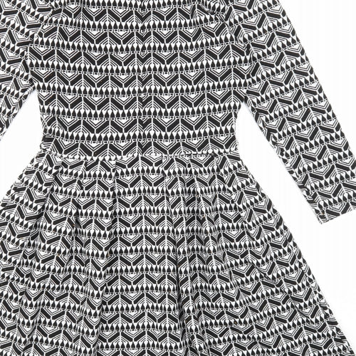 Pull&Bear Womens Black Geometric Polyester Fit & Flare Size L Round Neck Zip