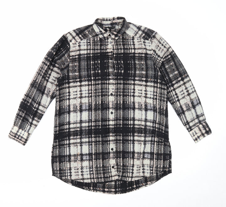 Topshop Womens Black Plaid Polyester Basic Button-Up Size 8 Collared