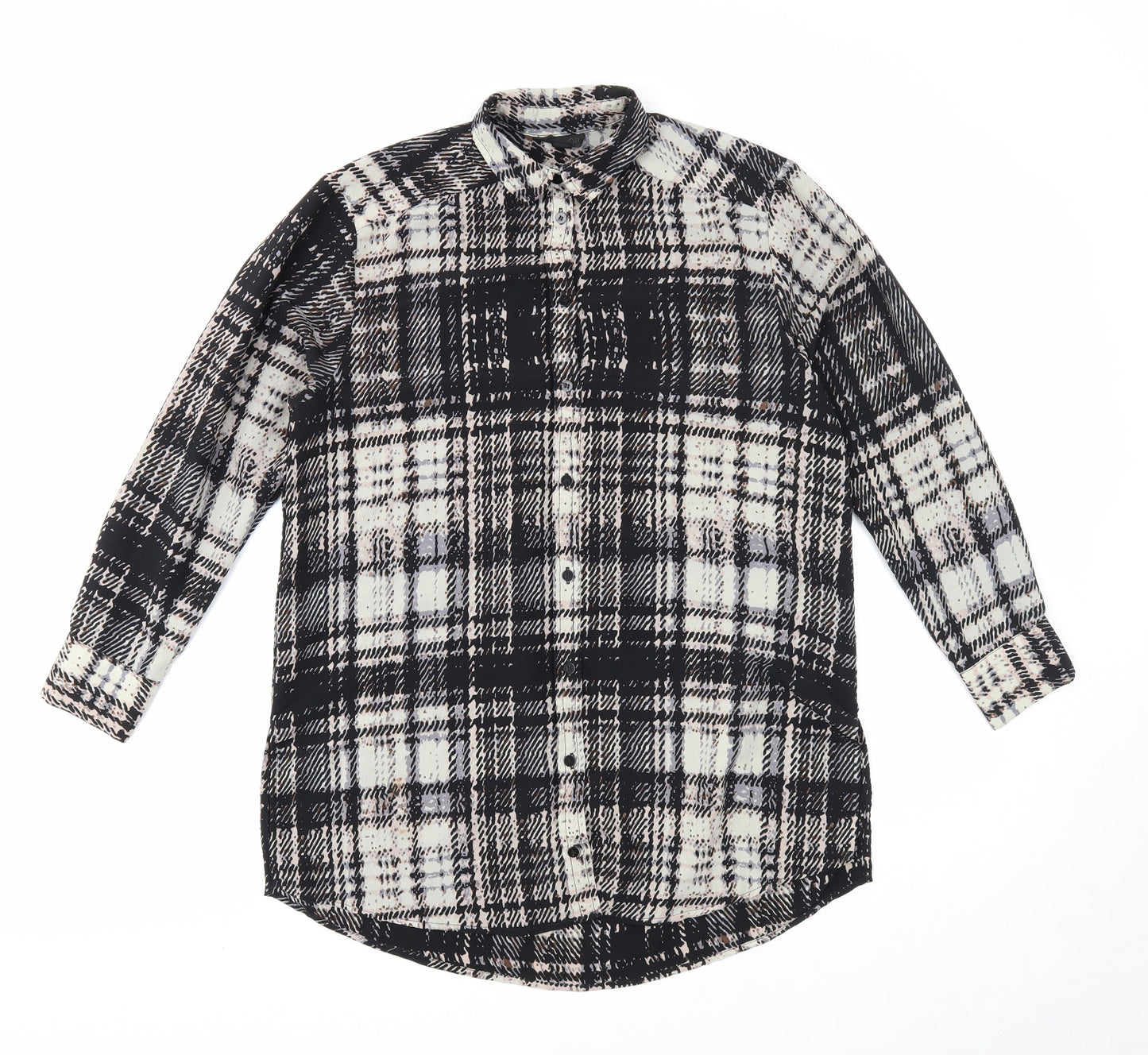 Topshop Womens Black Plaid Polyester Basic Button-Up Size 8 Collared