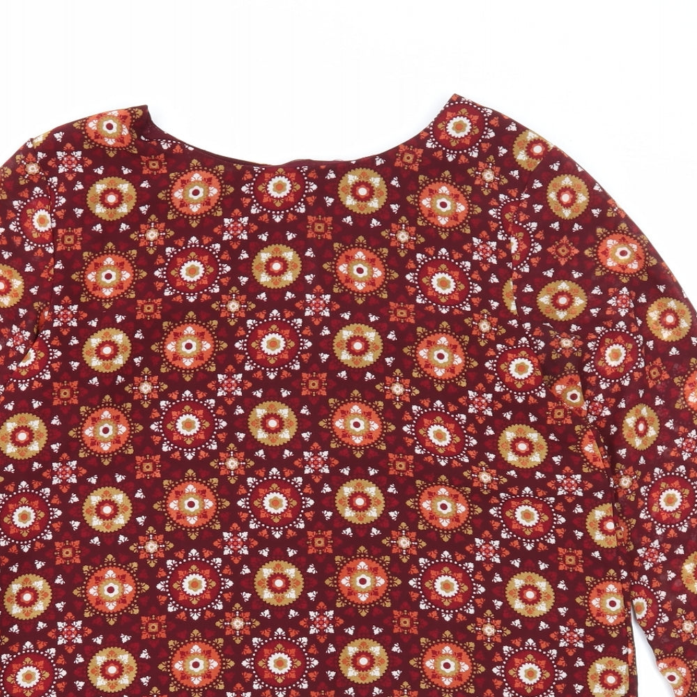 QED London Womens Purple Geometric Polyester Basic Blouse Size 10 Round Neck