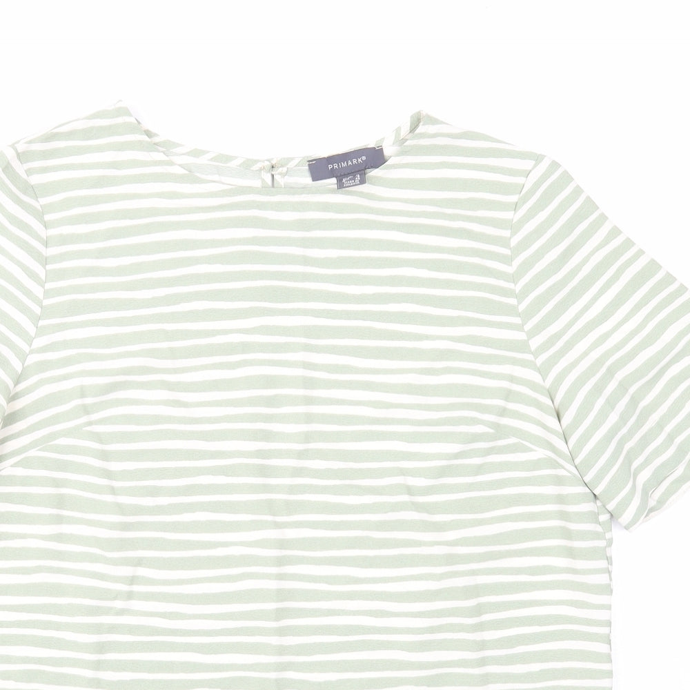 Primark Womens Green Striped Polyester Basic T-Shirt Size 12 Round Neck