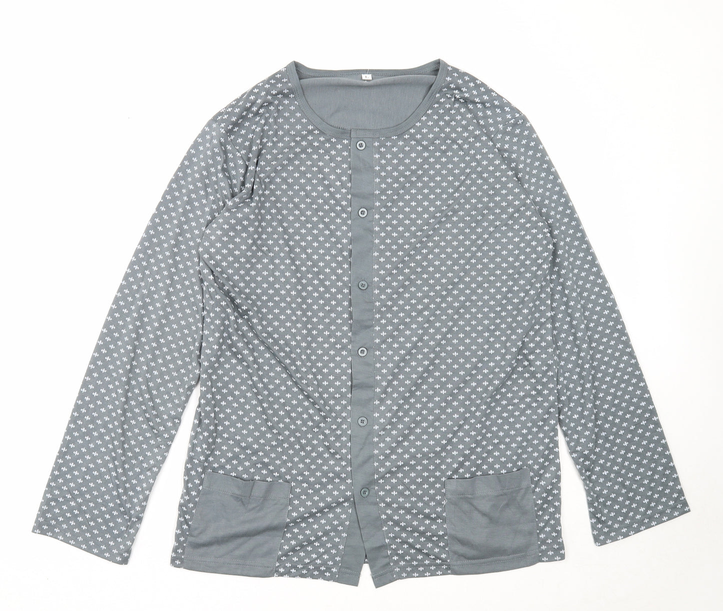 Preworn Womens Grey Geometric Cotton Basic Blouse Size L Round Neck
