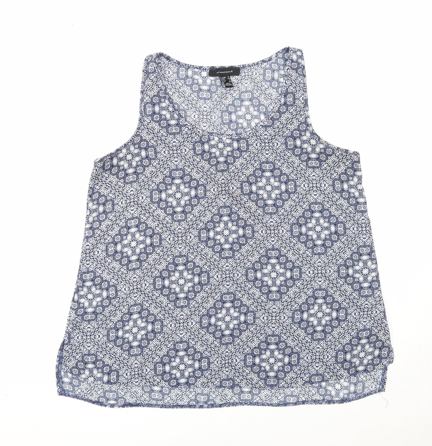 Atmosphere Womens Blue Geometric Polyester Basic Tank Size 12 Round Neck