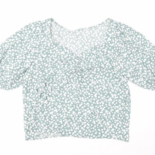 Preworn Womens Green Geometric Viscose Cropped T-Shirt Size 18 V-Neck