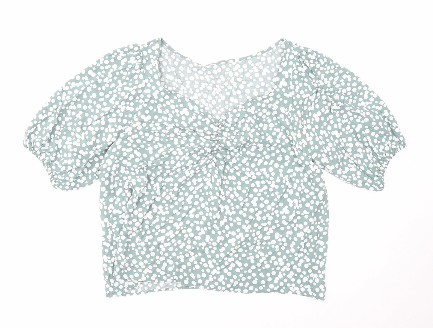 Preworn Womens Green Geometric Viscose Cropped T-Shirt Size 18 V-Neck