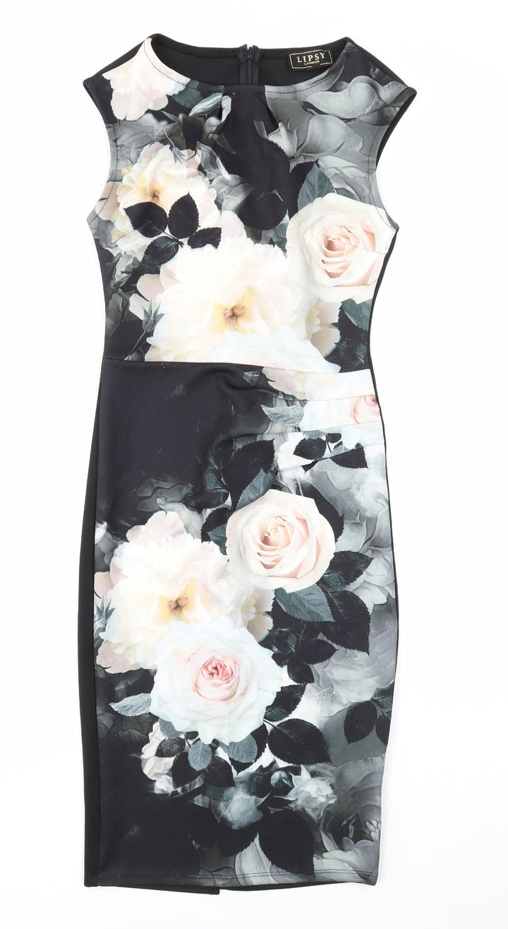 Lipsy Womens Black Floral Polyester A-Line Size 6 Round Neck Zip