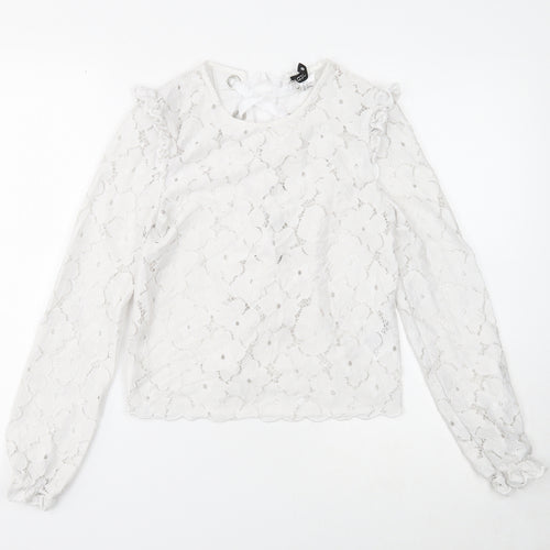 Divided Womens White Floral Polyamide Basic Blouse Size 6 Round Neck
