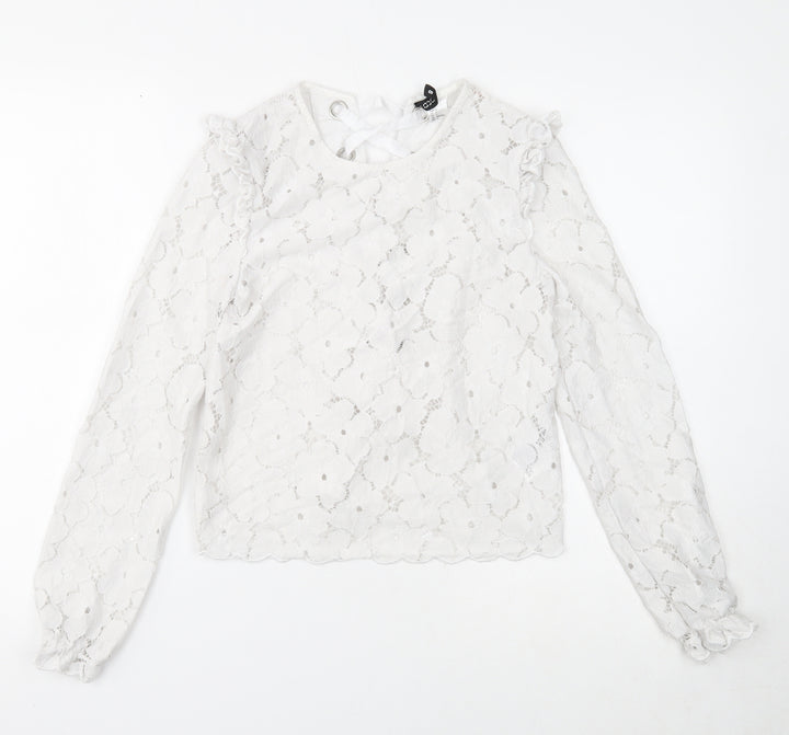 Divided Womens White Floral Polyamide Basic Blouse Size 6 Round Neck