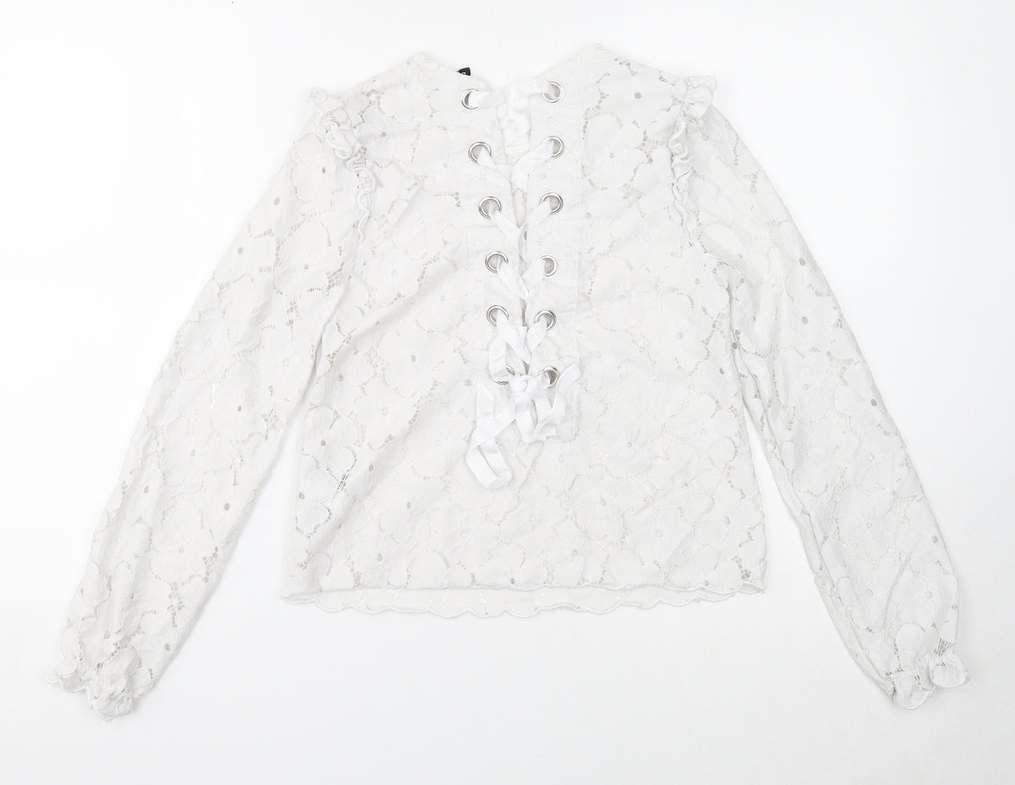 Divided Womens White Floral Polyamide Basic Blouse Size 6 Round Neck